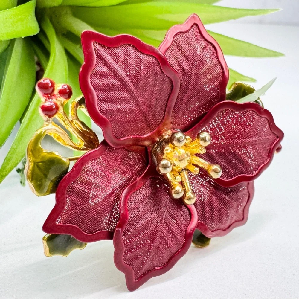 Vintage Y2K Kenneth Cole Burgundy Mesh Poinsettia Christmas Green Enamel Brooch